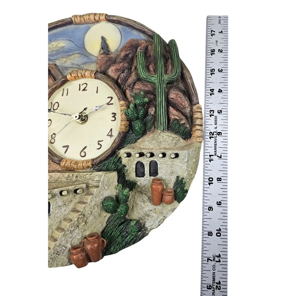 Mallory Lane Southwestern Desert Adobe Cactus Howling Wolf 3D Resin Wall Clock